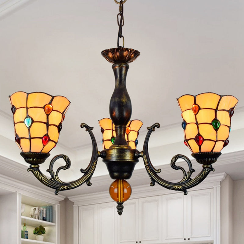 3 Heads Bell Hanging Pendant Rustic Stained Glass Chandelier Light with Jewel Pattern in Yelllow Yellow Clearhalo 'Ceiling Lights' 'Chandeliers' 'Industrial' 'Middle Century Chandeliers' 'Tiffany Chandeliers' 'Tiffany close to ceiling' 'Tiffany' Lighting' 180587