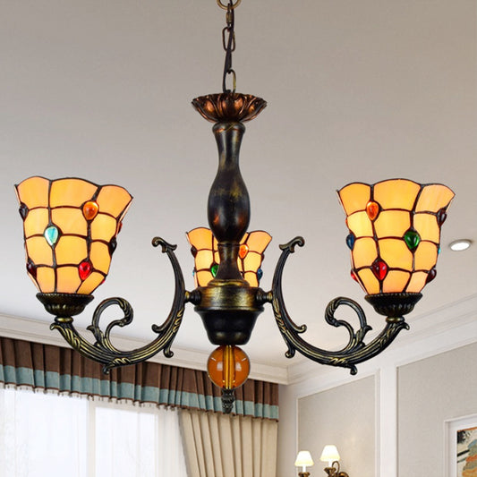 3 Heads Bell Hanging Pendant Rustic Stained Glass Chandelier Light with Jewel Pattern in Yelllow Clearhalo 'Ceiling Lights' 'Chandeliers' 'Industrial' 'Middle Century Chandeliers' 'Tiffany Chandeliers' 'Tiffany close to ceiling' 'Tiffany' Lighting' 180588