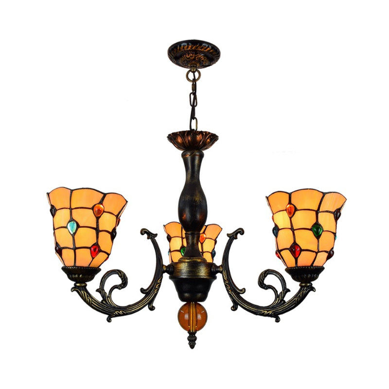 3 Heads Bell Hanging Pendant Rustic Stained Glass Chandelier Light with Jewel Pattern in Yelllow Clearhalo 'Ceiling Lights' 'Chandeliers' 'Industrial' 'Middle Century Chandeliers' 'Tiffany Chandeliers' 'Tiffany close to ceiling' 'Tiffany' Lighting' 180589