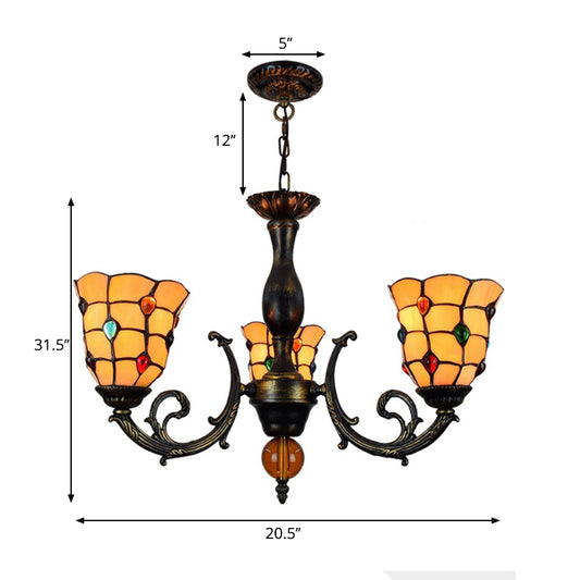 3 Heads Bell Hanging Pendant Rustic Stained Glass Chandelier Light with Jewel Pattern in Yelllow Clearhalo 'Ceiling Lights' 'Chandeliers' 'Industrial' 'Middle Century Chandeliers' 'Tiffany Chandeliers' 'Tiffany close to ceiling' 'Tiffany' Lighting' 180590