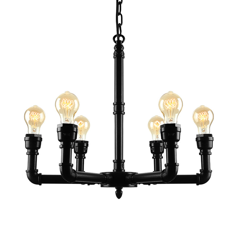 3/6 Heads Hanging Chandelier Lamp Vintage Bare Bulb Metal Pendant Light with Water Pipe in Black Clearhalo 'Cast Iron' 'Ceiling Lights' 'Chandeliers' 'Industrial Chandeliers' 'Industrial' 'Metal' 'Middle Century Chandeliers' 'Rustic Chandeliers' 'Tiffany' Lighting' 180597