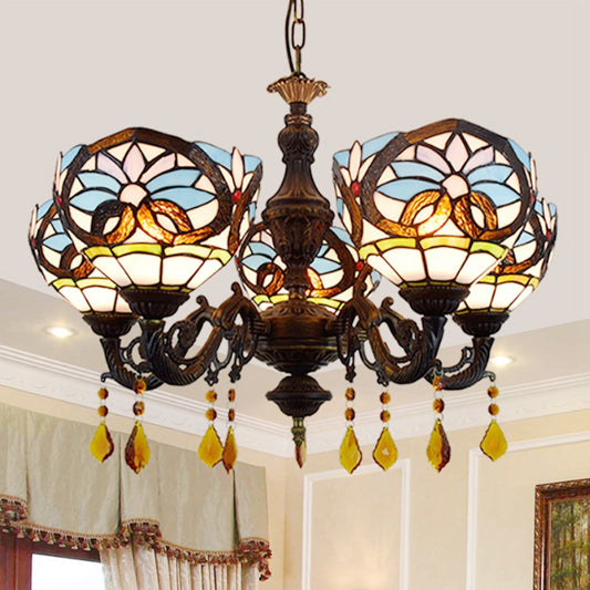 5 Heads Bowl Hanging Light Tiffany Style Stained Glass Chandelier Light with Crystal in Blue for Living Room Blue Clearhalo 'Ceiling Lights' 'Chandeliers' 'Close To Ceiling Lights' 'Industrial' 'Middle Century Chandeliers' 'Tiffany Chandeliers' 'Tiffany close to ceiling' 'Tiffany' Lighting' 180599