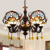 5 Heads Bowl Hanging Light Tiffany Style Stained Glass Chandelier Light with Crystal in Blue for Living Room Blue Clearhalo 'Ceiling Lights' 'Chandeliers' 'Close To Ceiling Lights' 'Industrial' 'Middle Century Chandeliers' 'Tiffany Chandeliers' 'Tiffany close to ceiling' 'Tiffany' Lighting' 180599