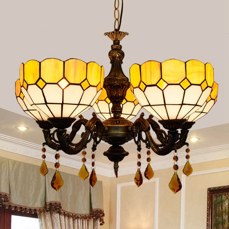 5 Heads Bowl Glass Shade Chandelier Rustic Chandelier Light with Crystal in Yellow for Dining Room Yellow Clearhalo 'Ceiling Lights' 'Chandeliers' 'Close To Ceiling Lights' 'Industrial' 'Middle Century Chandeliers' 'Tiffany Chandeliers' 'Tiffany close to ceiling' 'Tiffany' Lighting' 180611