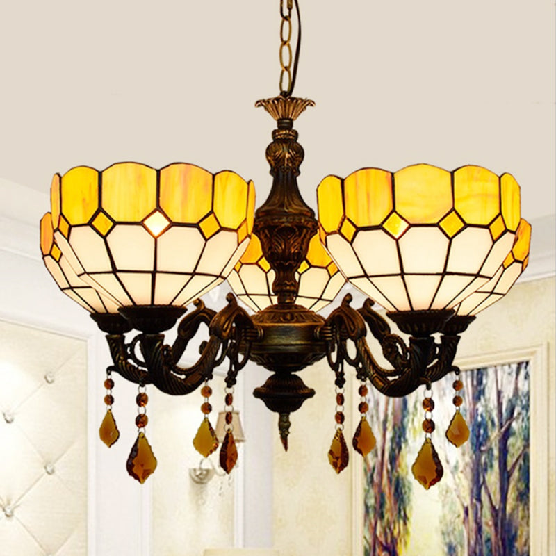 5 Heads Bowl Glass Shade Chandelier Rustic Chandelier Light with Crystal in Yellow for Dining Room Clearhalo 'Ceiling Lights' 'Chandeliers' 'Close To Ceiling Lights' 'Industrial' 'Middle Century Chandeliers' 'Tiffany Chandeliers' 'Tiffany close to ceiling' 'Tiffany' Lighting' 180612