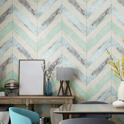 Minimalist Beige Retro Chevron Wood Wallpaper, 31'L x 20.5"W, Non-Pasted Aqua Clearhalo 'Country wall decor' 'Rustic' 'Wallpaper' Wall Decor' 1806120