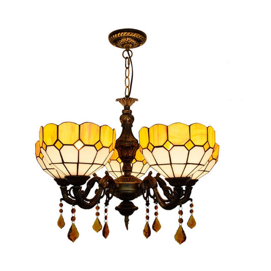 5 Heads Bowl Glass Shade Chandelier Rustic Chandelier Light with Crystal in Yellow for Dining Room Clearhalo 'Ceiling Lights' 'Chandeliers' 'Close To Ceiling Lights' 'Industrial' 'Middle Century Chandeliers' 'Tiffany Chandeliers' 'Tiffany close to ceiling' 'Tiffany' Lighting' 180613