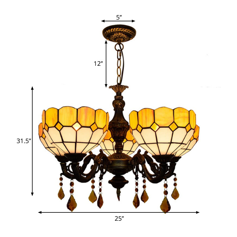 5 Heads Bowl Glass Shade Chandelier Rustic Chandelier Light with Crystal in Yellow for Dining Room Clearhalo 'Ceiling Lights' 'Chandeliers' 'Close To Ceiling Lights' 'Industrial' 'Middle Century Chandeliers' 'Tiffany Chandeliers' 'Tiffany close to ceiling' 'Tiffany' Lighting' 180614