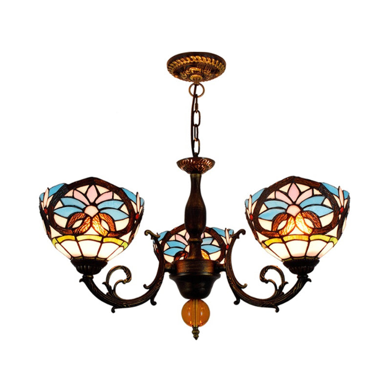 Lodge Bowl-Shaped Chandelier Stained Glass 3 Lights Decorative Inverted Chandelier with Crystal in Multicolor Clearhalo 'Ceiling Lights' 'Chandeliers' 'Industrial' 'Middle Century Chandeliers' 'Pendant Lights' 'Tiffany Chandeliers' 'Tiffany close to ceiling' 'Tiffany' Lighting' 180617