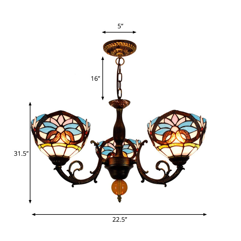 Lodge Bowl-Shaped Chandelier Stained Glass 3 Lights Decorative Inverted Chandelier with Crystal in Multicolor Clearhalo 'Ceiling Lights' 'Chandeliers' 'Industrial' 'Middle Century Chandeliers' 'Pendant Lights' 'Tiffany Chandeliers' 'Tiffany close to ceiling' 'Tiffany' Lighting' 180618