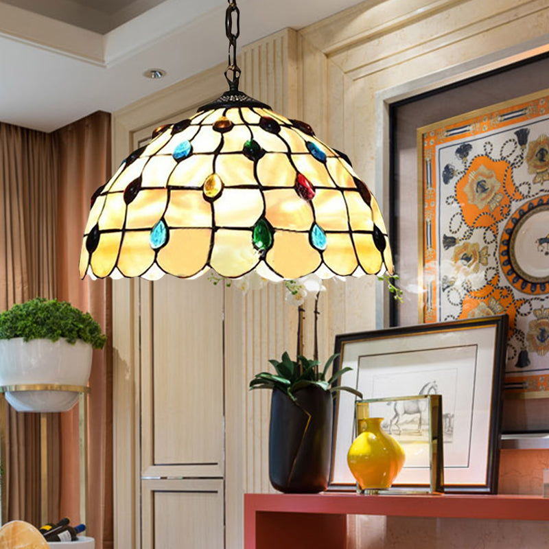 1 Light Study Pendant Lighting Tiffany Beige Hanging Ceiling Light with Dome Stained Glass Shade Beige Clearhalo 'Ceiling Lights' 'Chandeliers' 'Industrial' 'Middle Century Pendants' 'Pendant Lights' 'Pendants' 'Tiffany close to ceiling' 'Tiffany Pendants' 'Tiffany' Lighting' 180619
