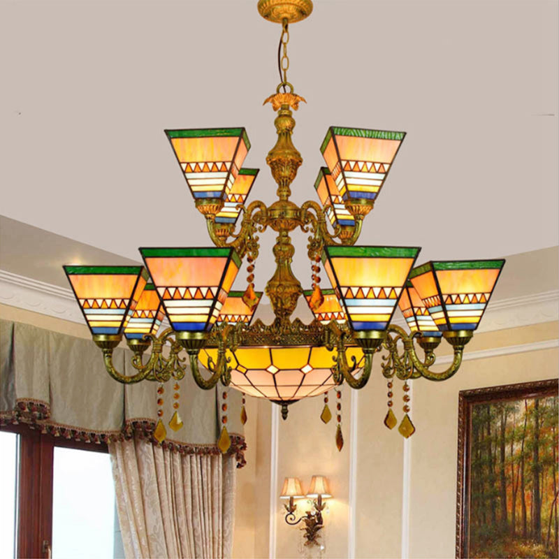 Industrial Vintage Pyramid Chandelier Stained Glass 12 Arms Inverted Chandelier with Center Bowl Orange Pink Clearhalo 'Ceiling Lights' 'Chandeliers' 'Industrial' 'Middle Century Chandeliers' 'Tiffany Chandeliers' 'Tiffany close to ceiling' 'Tiffany' Lighting' 180623