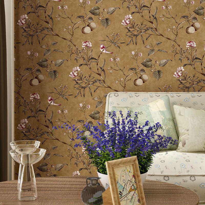 20.5-inch x 33-foot American Country Apple Tree and Fruits Non-Pasted Wallpaper in Pastel Color Dark Coffee Flower Clearhalo 'Country wall decor' 'Rustic' 'Vintage wall decor' 'Vintage' 'Wallpaper' Wall Decor' 1806230