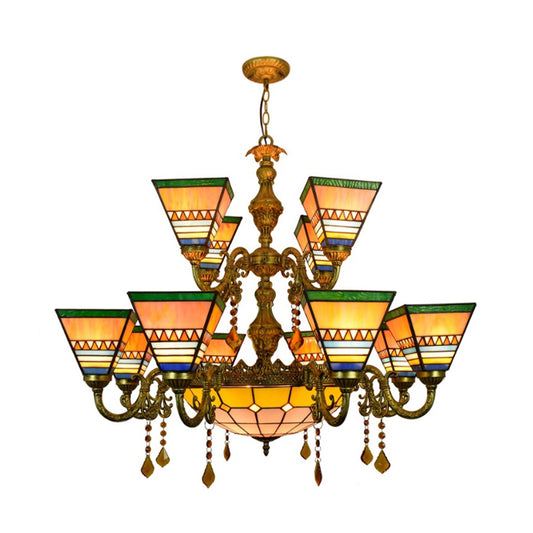 Industrial Vintage Pyramid Chandelier Stained Glass 12 Arms Inverted Chandelier with Center Bowl Clearhalo 'Ceiling Lights' 'Chandeliers' 'Industrial' 'Middle Century Chandeliers' 'Tiffany Chandeliers' 'Tiffany close to ceiling' 'Tiffany' Lighting' 180625