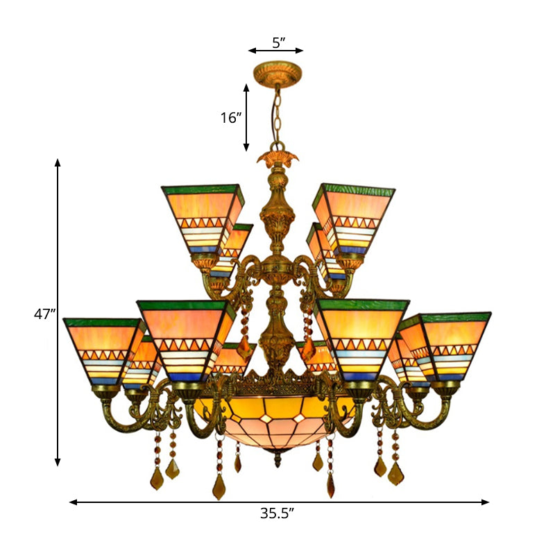 Industrial Vintage Pyramid Chandelier Stained Glass 12 Arms Inverted Chandelier with Center Bowl Clearhalo 'Ceiling Lights' 'Chandeliers' 'Industrial' 'Middle Century Chandeliers' 'Tiffany Chandeliers' 'Tiffany close to ceiling' 'Tiffany' Lighting' 180626