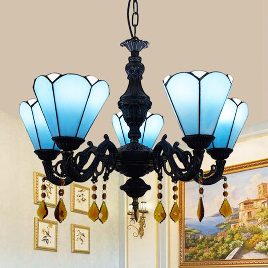 Tiffany Style Cone-Shaped Hanging Light Stained Glass 5 Lights Decorative Crystal Chandelier in Blue Blue Clearhalo 'Ceiling Lights' 'Chandeliers' 'Industrial' 'Middle Century Chandeliers' 'Tiffany Chandeliers' 'Tiffany close to ceiling' 'Tiffany' Lighting' 180627