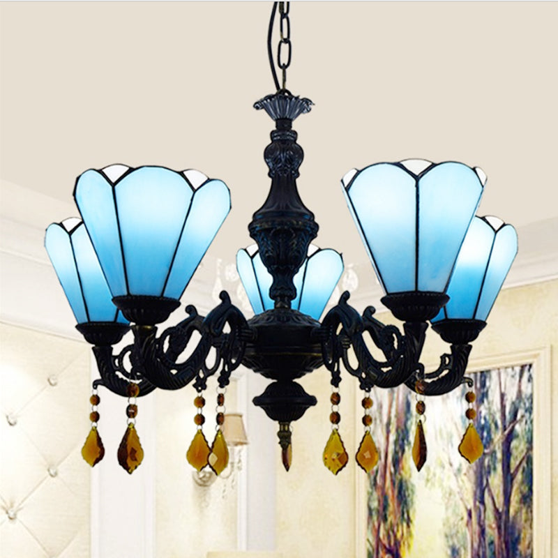 Tiffany Style Cone-Shaped Hanging Light Stained Glass 5 Lights Decorative Crystal Chandelier in Blue Clearhalo 'Ceiling Lights' 'Chandeliers' 'Industrial' 'Middle Century Chandeliers' 'Tiffany Chandeliers' 'Tiffany close to ceiling' 'Tiffany' Lighting' 180628