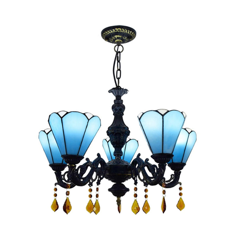 Tiffany Style Cone-Shaped Hanging Light Stained Glass 5 Lights Decorative Crystal Chandelier in Blue Clearhalo 'Ceiling Lights' 'Chandeliers' 'Industrial' 'Middle Century Chandeliers' 'Tiffany Chandeliers' 'Tiffany close to ceiling' 'Tiffany' Lighting' 180629