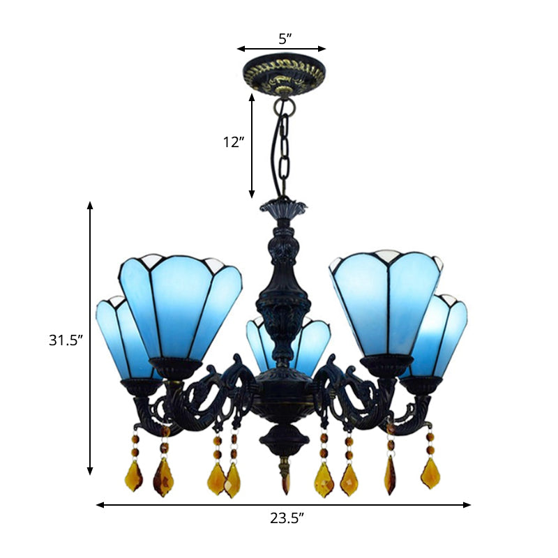 Tiffany Style Cone-Shaped Hanging Light Stained Glass 5 Lights Decorative Crystal Chandelier in Blue Clearhalo 'Ceiling Lights' 'Chandeliers' 'Industrial' 'Middle Century Chandeliers' 'Tiffany Chandeliers' 'Tiffany close to ceiling' 'Tiffany' Lighting' 180630