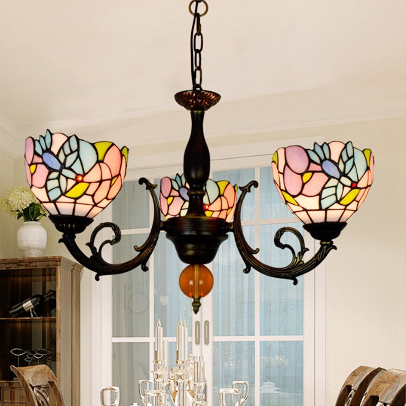 Lodge Bowl Chandelier Stained Glass 3 Lights Inverted Chandelier with Flower Pattern for Dining Room Blue Clearhalo 'Ceiling Lights' 'Chandeliers' 'Industrial' 'Middle Century Chandeliers' 'Tiffany Chandeliers' 'Tiffany close to ceiling' 'Tiffany' Lighting' 180631