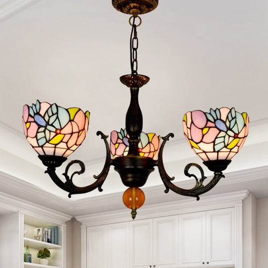Lodge Bowl Chandelier Stained Glass 3 Lights Inverted Chandelier with Flower Pattern for Dining Room Clearhalo 'Ceiling Lights' 'Chandeliers' 'Industrial' 'Middle Century Chandeliers' 'Tiffany Chandeliers' 'Tiffany close to ceiling' 'Tiffany' Lighting' 180632