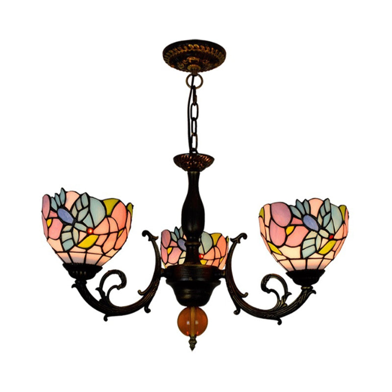 Lodge Bowl Chandelier Stained Glass 3 Lights Inverted Chandelier with Flower Pattern for Dining Room Clearhalo 'Ceiling Lights' 'Chandeliers' 'Industrial' 'Middle Century Chandeliers' 'Tiffany Chandeliers' 'Tiffany close to ceiling' 'Tiffany' Lighting' 180633
