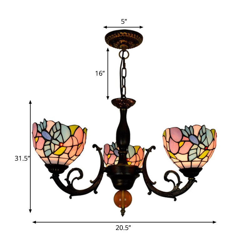 Lodge Bowl Chandelier Stained Glass 3 Lights Inverted Chandelier with Flower Pattern for Dining Room Clearhalo 'Ceiling Lights' 'Chandeliers' 'Industrial' 'Middle Century Chandeliers' 'Tiffany Chandeliers' 'Tiffany close to ceiling' 'Tiffany' Lighting' 180634