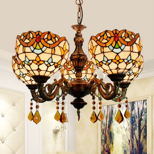 Victorian Bowl-Shaped Chandelier Light Stained Glass 5 Lights Decorative Chandelier with Crystal in Beige Clearhalo 'Ceiling Lights' 'Chandeliers' 'Industrial' 'Middle Century Chandeliers' 'Tiffany Chandeliers' 'Tiffany close to ceiling' 'Tiffany' Lighting' 180636