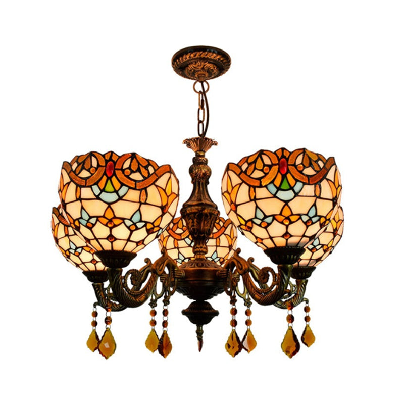 Victorian Bowl-Shaped Chandelier Light Stained Glass 5 Lights Decorative Chandelier with Crystal in Beige Clearhalo 'Ceiling Lights' 'Chandeliers' 'Industrial' 'Middle Century Chandeliers' 'Tiffany Chandeliers' 'Tiffany close to ceiling' 'Tiffany' Lighting' 180637