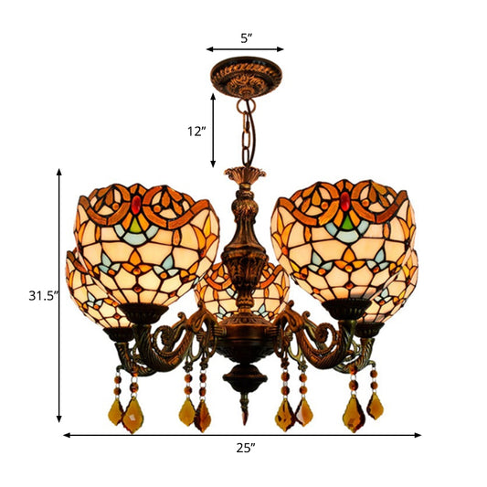 Victorian Bowl-Shaped Chandelier Light Stained Glass 5 Lights Decorative Chandelier with Crystal in Beige Clearhalo 'Ceiling Lights' 'Chandeliers' 'Industrial' 'Middle Century Chandeliers' 'Tiffany Chandeliers' 'Tiffany close to ceiling' 'Tiffany' Lighting' 180638