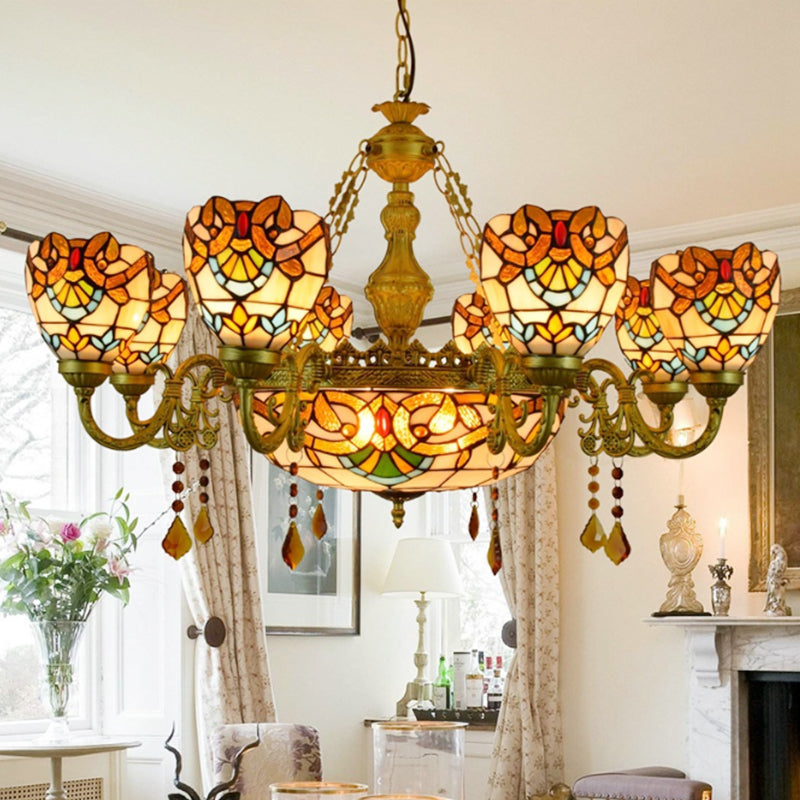 Victorian Bowl Chandelier Stained Glass 9 Lights Chandelier Light with Crystal in Beige for Foyer Beige Clearhalo 'Ceiling Lights' 'Chandeliers' 'Industrial' 'Middle Century Chandeliers' 'Tiffany Chandeliers' 'Tiffany close to ceiling' 'Tiffany' Lighting' 180639