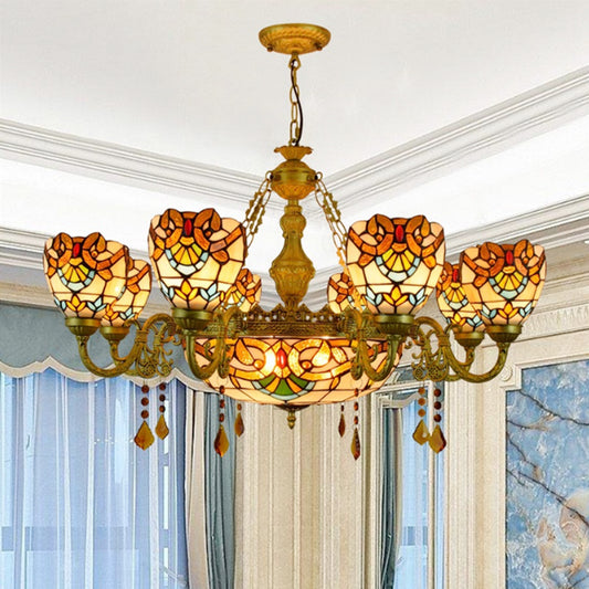 Victorian Bowl Chandelier Stained Glass 9 Lights Chandelier Light with Crystal in Beige for Foyer Clearhalo 'Ceiling Lights' 'Chandeliers' 'Industrial' 'Middle Century Chandeliers' 'Tiffany Chandeliers' 'Tiffany close to ceiling' 'Tiffany' Lighting' 180640