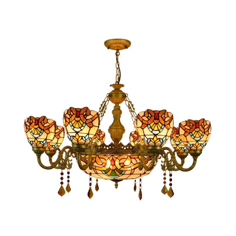 Victorian Bowl Chandelier Stained Glass 9 Lights Chandelier Light with Crystal in Beige for Foyer Clearhalo 'Ceiling Lights' 'Chandeliers' 'Industrial' 'Middle Century Chandeliers' 'Tiffany Chandeliers' 'Tiffany close to ceiling' 'Tiffany' Lighting' 180641