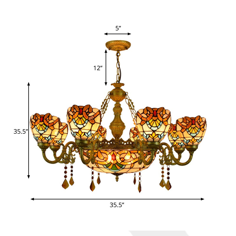 Victorian Bowl Chandelier Stained Glass 9 Lights Chandelier Light with Crystal in Beige for Foyer Clearhalo 'Ceiling Lights' 'Chandeliers' 'Industrial' 'Middle Century Chandeliers' 'Tiffany Chandeliers' 'Tiffany close to ceiling' 'Tiffany' Lighting' 180642