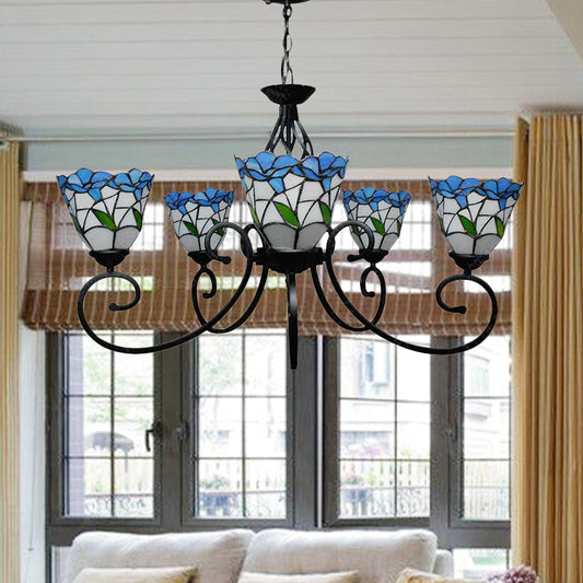 Rustic Floral Chandelier Lighting Stained Glass Multi Light Pendant Lighting in Pink/Blue for Living Room Clearhalo 'Ceiling Lights' 'Chandeliers' 'Industrial' 'Middle Century Chandeliers' 'Tiffany Chandeliers' 'Tiffany close to ceiling' 'Tiffany' Lighting' 180644