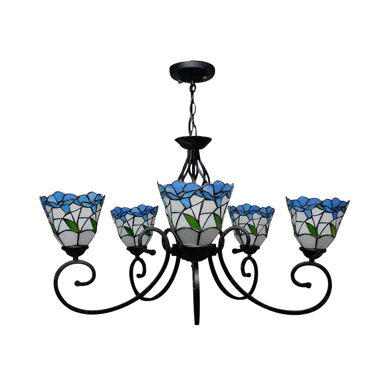 Rustic Floral Chandelier Lighting Stained Glass Multi Light Pendant Lighting in Pink/Blue for Living Room Clearhalo 'Ceiling Lights' 'Chandeliers' 'Industrial' 'Middle Century Chandeliers' 'Tiffany Chandeliers' 'Tiffany close to ceiling' 'Tiffany' Lighting' 180645