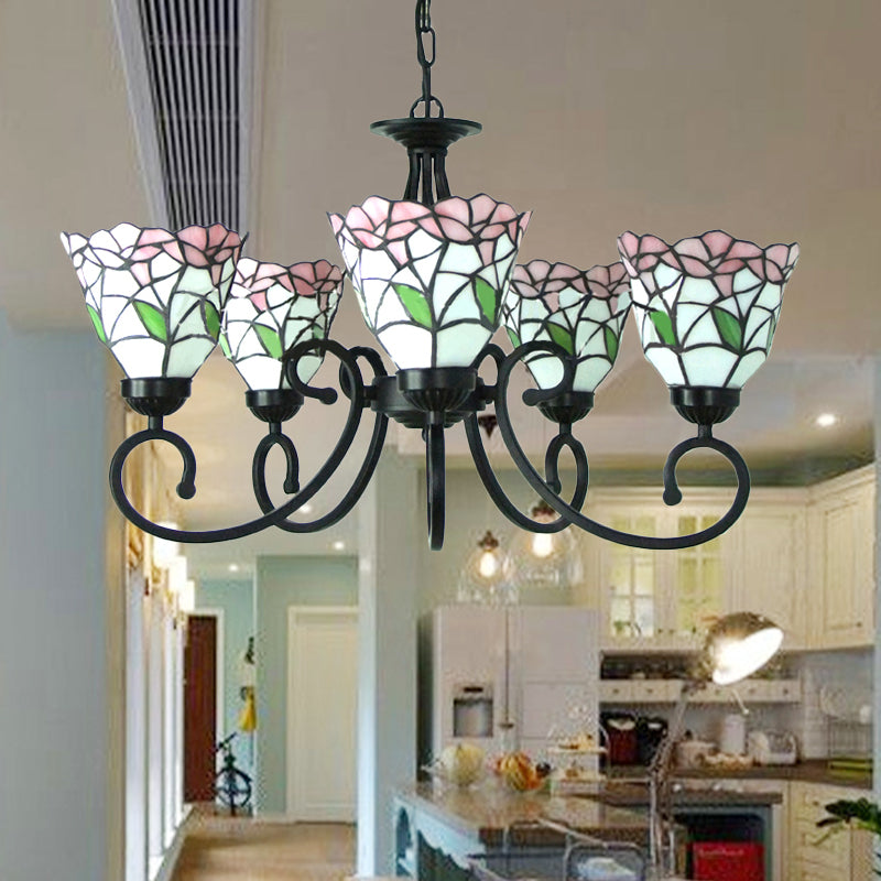 Rustic Floral Chandelier Lighting Stained Glass Multi Light Pendant Lighting in Pink/Blue for Living Room Pink Clearhalo 'Ceiling Lights' 'Chandeliers' 'Industrial' 'Middle Century Chandeliers' 'Tiffany Chandeliers' 'Tiffany close to ceiling' 'Tiffany' Lighting' 180647