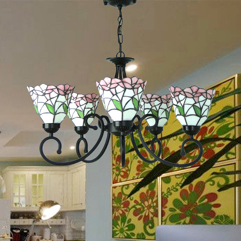 Rustic Floral Chandelier Lighting Stained Glass Multi Light Pendant Lighting in Pink/Blue for Living Room Clearhalo 'Ceiling Lights' 'Chandeliers' 'Industrial' 'Middle Century Chandeliers' 'Tiffany Chandeliers' 'Tiffany close to ceiling' 'Tiffany' Lighting' 180648