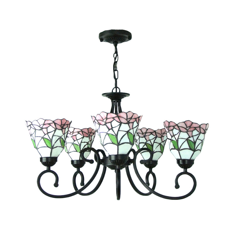 Rustic Floral Chandelier Lighting Stained Glass Multi Light Pendant Lighting in Pink/Blue for Living Room Clearhalo 'Ceiling Lights' 'Chandeliers' 'Industrial' 'Middle Century Chandeliers' 'Tiffany Chandeliers' 'Tiffany close to ceiling' 'Tiffany' Lighting' 180649