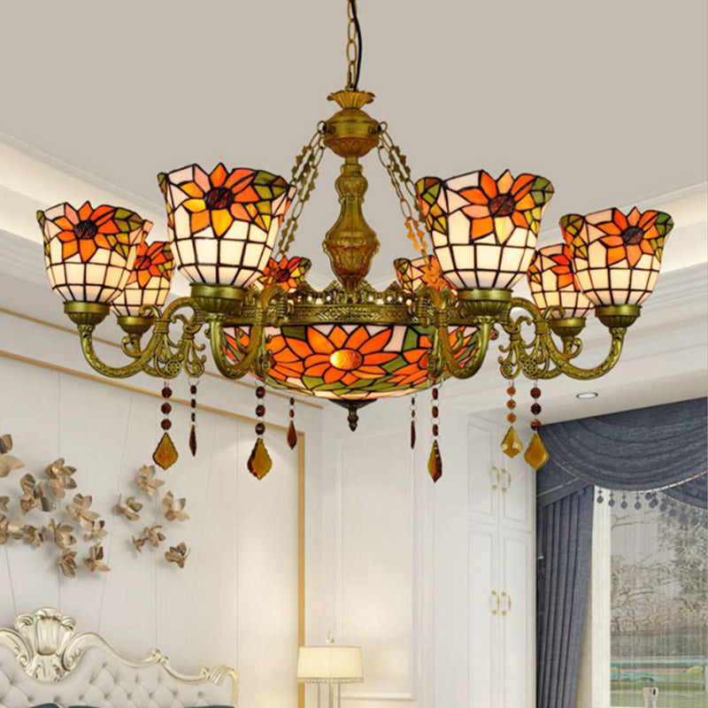 Multicolored Inverted Chandelier Vintage Stained Glass 9 Lights Decorative Hanging Light with Sunflower Pattern Clearhalo 'Ceiling Lights' 'Chandeliers' 'Close To Ceiling Lights' 'Industrial' 'Middle Century Chandeliers' 'Tiffany Chandeliers' 'Tiffany close to ceiling' 'Tiffany' Lighting' 180651