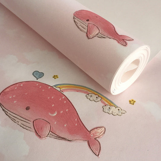 Non-Woven Wallpaper with Blue or Pink Cartoon Dolphin for Kids, 20.5-inch x 33-foot, Non-Pasted