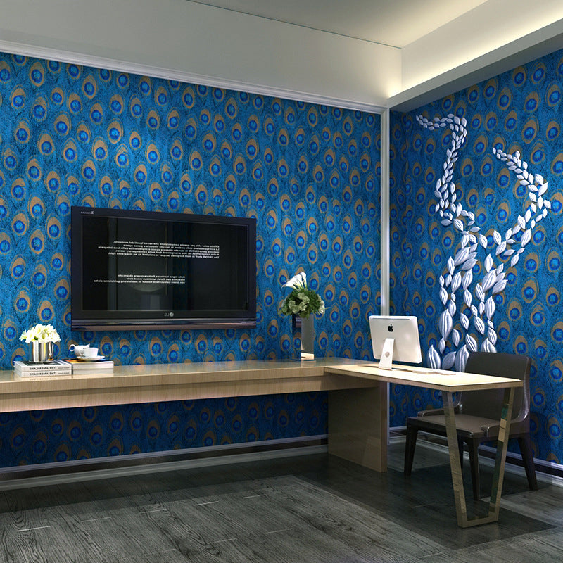 Tropical Asian Classic Peacock Feather Moisture-Resistant Wallpaper, 33'L x 20.5"W Clearhalo 'Modern wall decor' 'Modern' 'Wallpaper' Wall Decor' 1806526