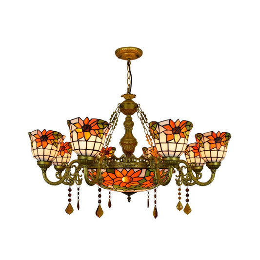 Multicolored Inverted Chandelier Vintage Stained Glass 9 Lights Decorative Hanging Light with Sunflower Pattern Clearhalo 'Ceiling Lights' 'Chandeliers' 'Close To Ceiling Lights' 'Industrial' 'Middle Century Chandeliers' 'Tiffany Chandeliers' 'Tiffany close to ceiling' 'Tiffany' Lighting' 180652