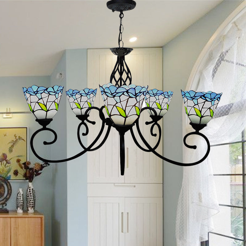 5 Heads Floral Ceiling Chandelier Light Tiffany Style Stained Living Room Pendant Light in Blue Blue Clearhalo 'Ceiling Lights' 'Chandeliers' 'Industrial' 'Middle Century Chandeliers' 'Tiffany Chandeliers' 'Tiffany close to ceiling' 'Tiffany' Lighting' 180654