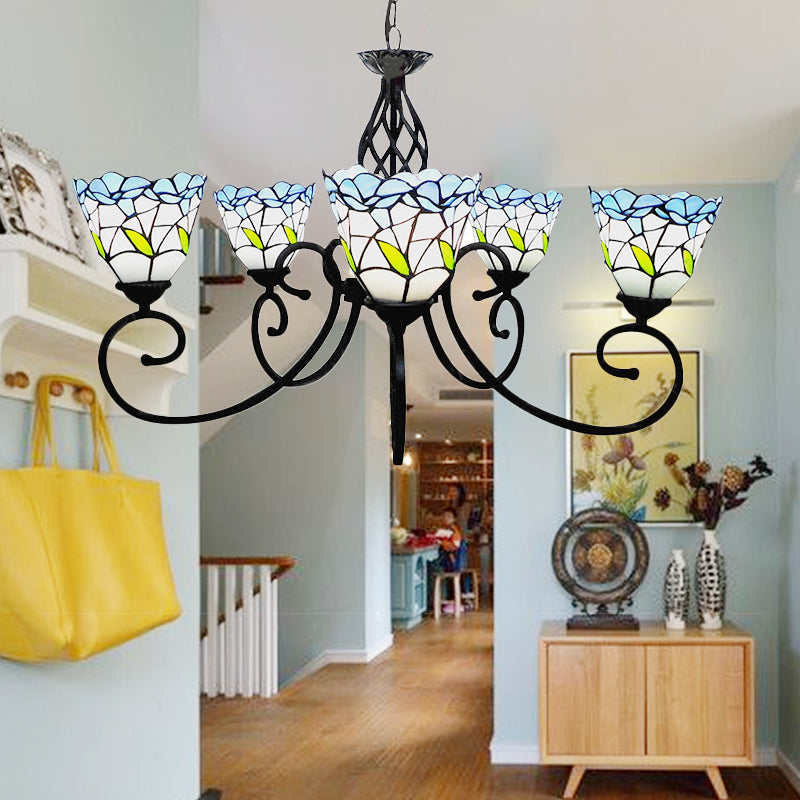 5 Heads Floral Ceiling Chandelier Light Tiffany Style Stained Living Room Pendant Light in Blue Clearhalo 'Ceiling Lights' 'Chandeliers' 'Industrial' 'Middle Century Chandeliers' 'Tiffany Chandeliers' 'Tiffany close to ceiling' 'Tiffany' Lighting' 180655