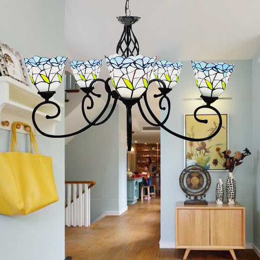 5 Heads Floral Ceiling Chandelier Light Tiffany Style Stained Living Room Pendant Light in Blue Clearhalo 'Ceiling Lights' 'Chandeliers' 'Industrial' 'Middle Century Chandeliers' 'Tiffany Chandeliers' 'Tiffany close to ceiling' 'Tiffany' Lighting' 180655