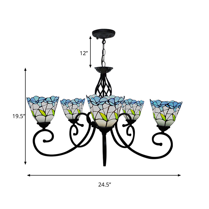 5 Heads Floral Ceiling Chandelier Light Tiffany Style Stained Living Room Pendant Light in Blue Clearhalo 'Ceiling Lights' 'Chandeliers' 'Industrial' 'Middle Century Chandeliers' 'Tiffany Chandeliers' 'Tiffany close to ceiling' 'Tiffany' Lighting' 180657