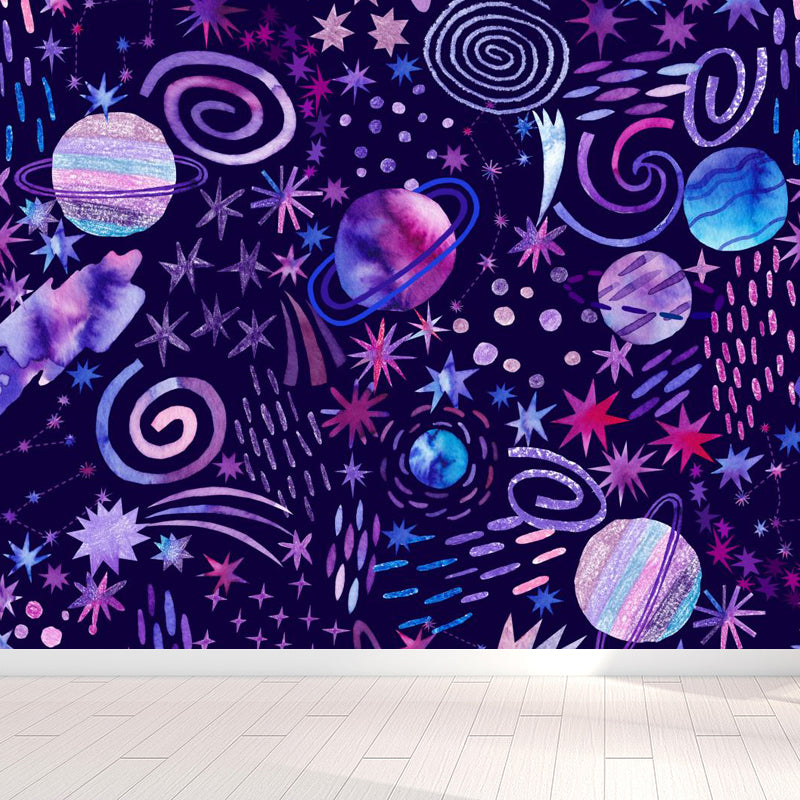 Huge Outer Space Wallpaper Mural Cartoon Creative Universe Wall Covering in Bright Color Grape Clearhalo 'Wall Decor' 'Wall Mural' 1806598