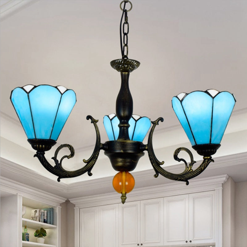 Sky Blue Conic Shape Chandelier Vintage Stained Glass 3 Lights Decorative Hanging Light for Living Room Clearhalo 'Ceiling Lights' 'Chandeliers' 'Industrial' 'Middle Century Chandeliers' 'Tiffany Chandeliers' 'Tiffany close to ceiling' 'Tiffany' Lighting' 180664