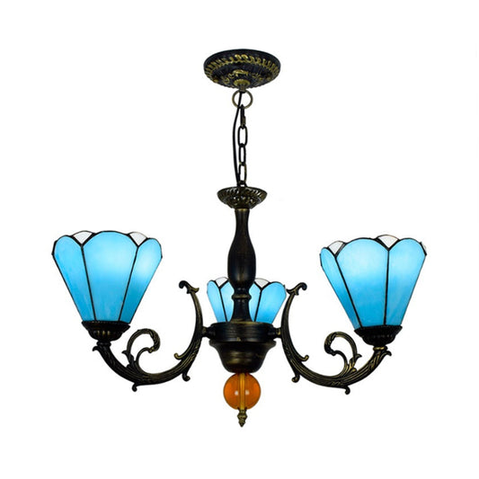 Sky Blue Conic Shape Chandelier Vintage Stained Glass 3 Lights Decorative Hanging Light for Living Room Clearhalo 'Ceiling Lights' 'Chandeliers' 'Industrial' 'Middle Century Chandeliers' 'Tiffany Chandeliers' 'Tiffany close to ceiling' 'Tiffany' Lighting' 180665